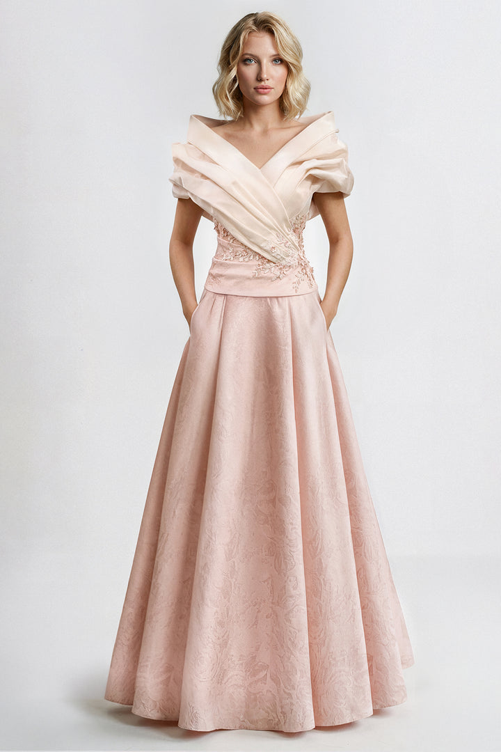 Draped Taffeta Bodice Gown with Jacquard Skirt