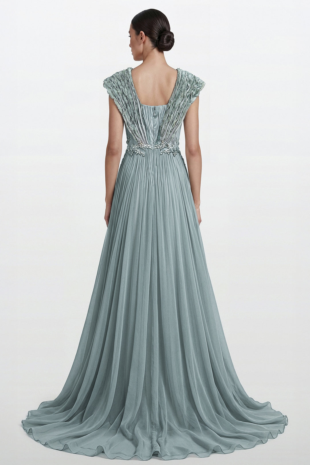 Pleated Chiffon Embroidered Waist Gown