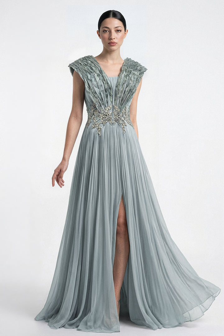 Pleated Chiffon Embroidered Waist Gown