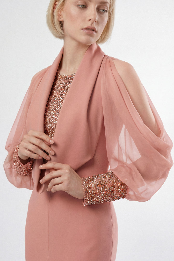 Draped Sleeve Embellished Bodice Gown