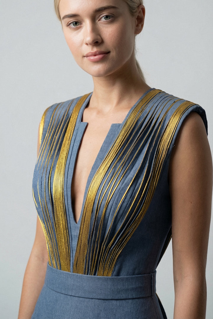 Metallic Pleated Shantung Gown