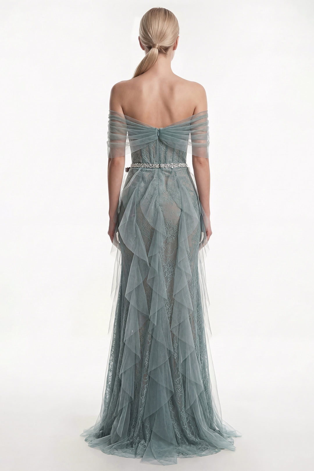 Lace Gown with Cascading Tulle Panels