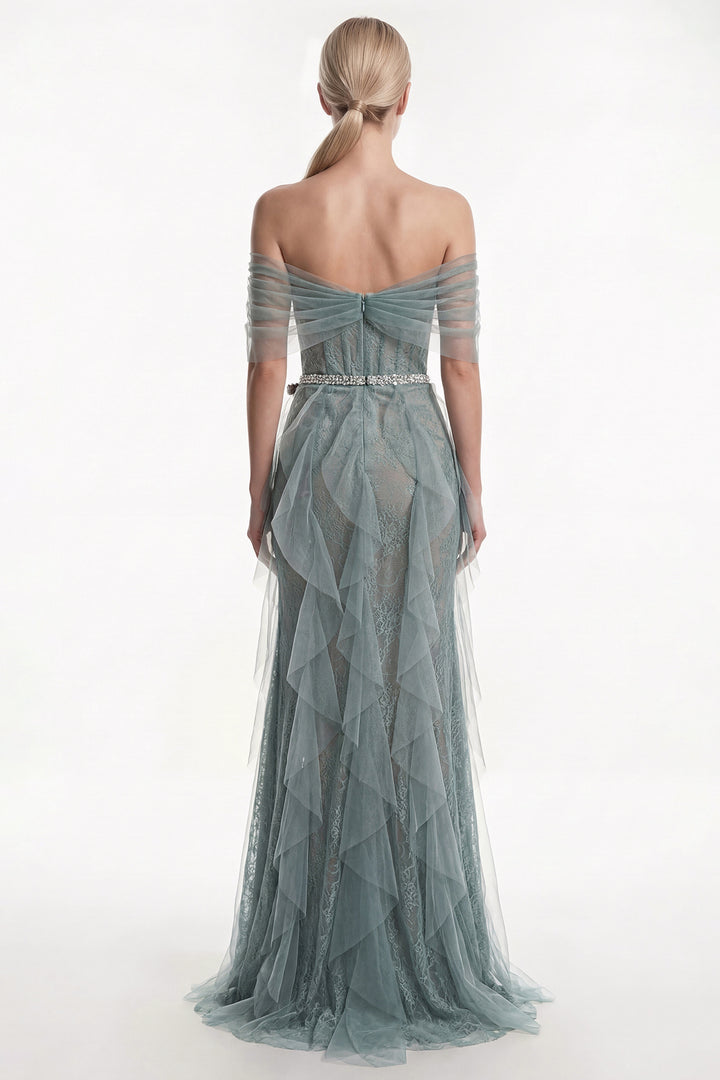 Lace Gown with Cascading Tulle Panels