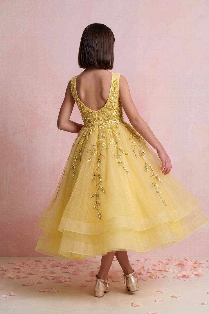 Leaf Embroidered Tulle Mini Gown