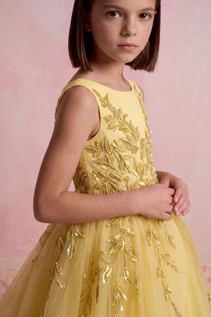 Leaf Embroidered Tulle Mini Gown