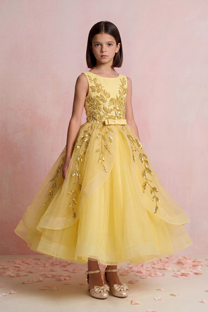 Leaf Embroidered Tulle Mini Gown