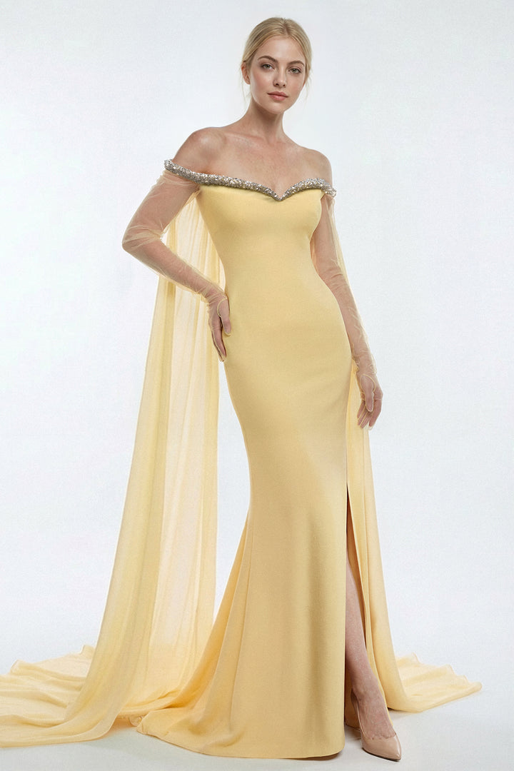 Crepe Dress with Chiffon Cape and Tulle Sleeves