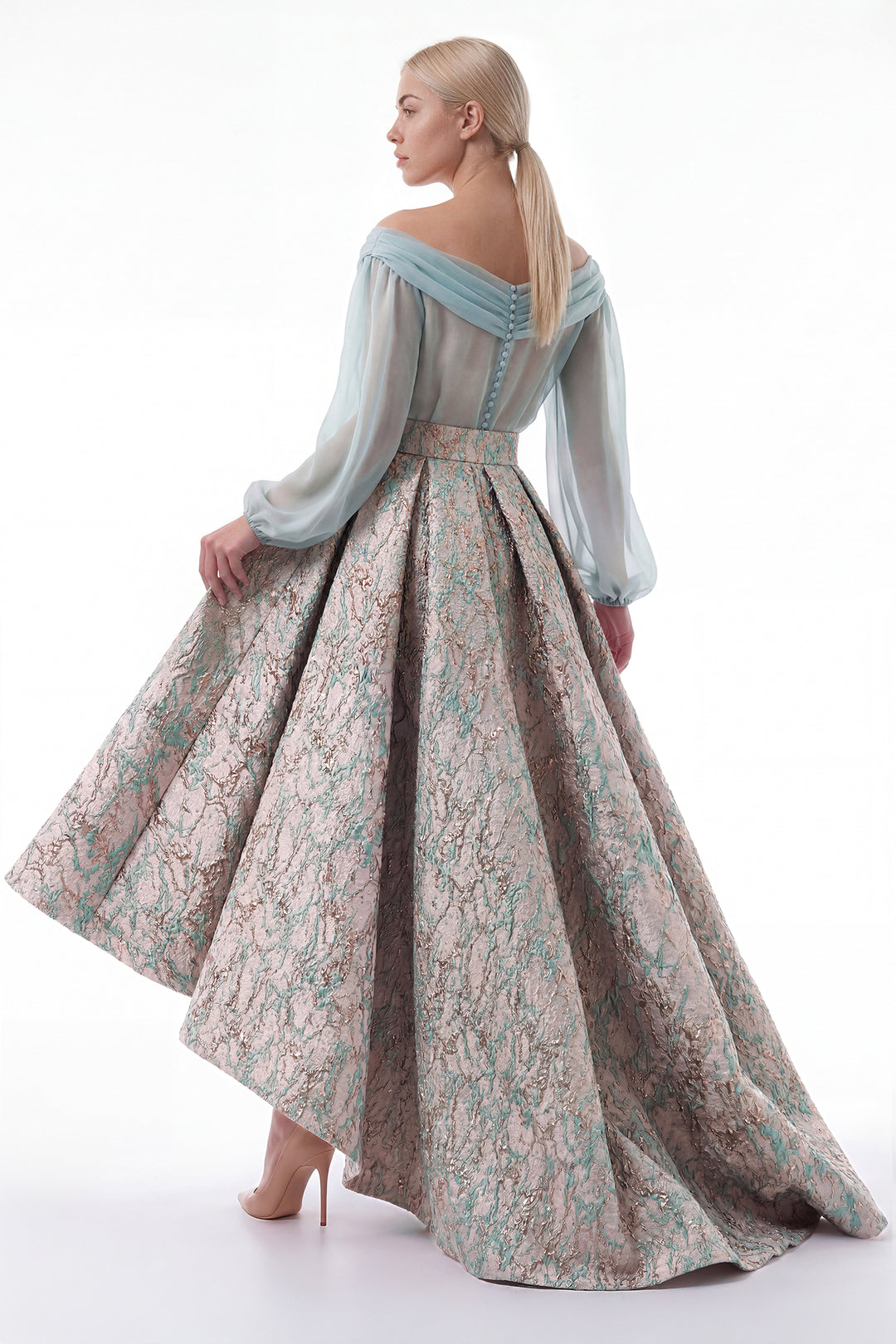 Off-Shoulder Bodice with Structured Jacquard Skirt