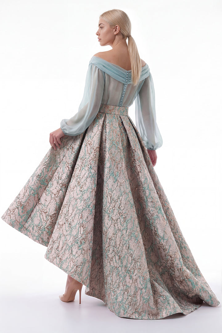 Off-Shoulder Bodice with Structured Jacquard Skirt