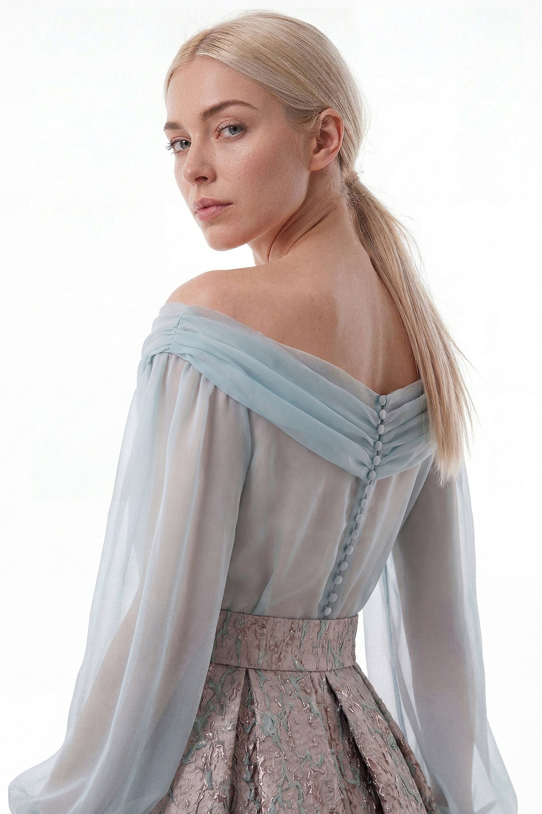 Off-Shoulder Bodice with Structured Jacquard Skirt
