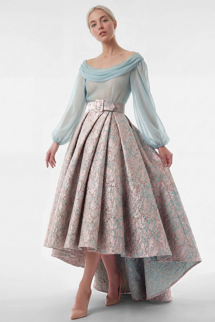Off-Shoulder Bodice with Structured Jacquard Skirt