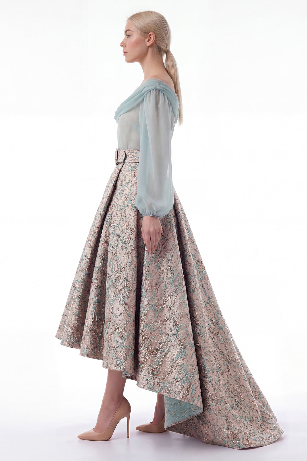 Off-Shoulder Bodice with Structured Jacquard Skirt