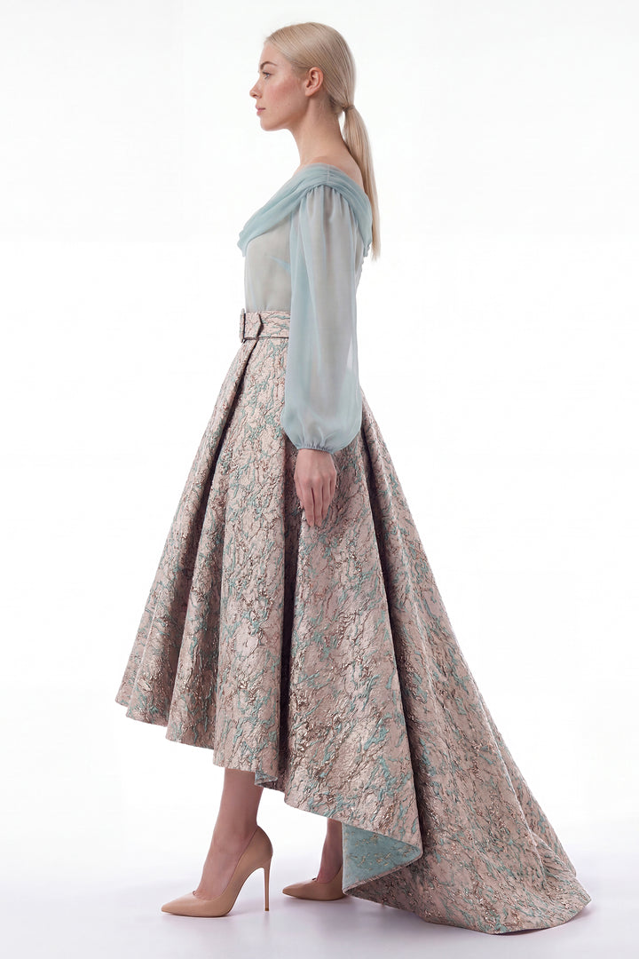 Off-Shoulder Bodice with Structured Jacquard Skirt
