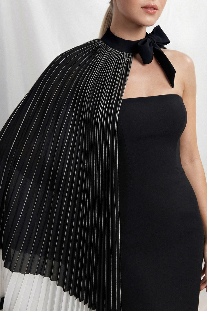 Strapless Gown with Pleated Metallic Cape