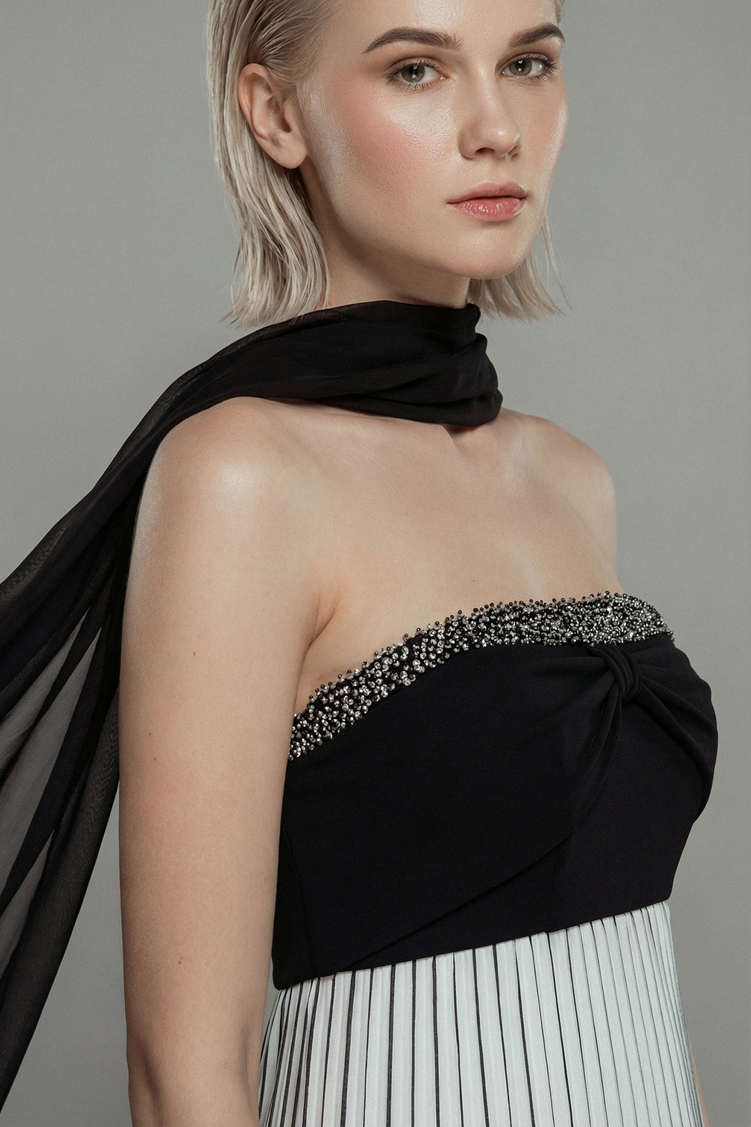 Pleated Gown with Tulle Cape