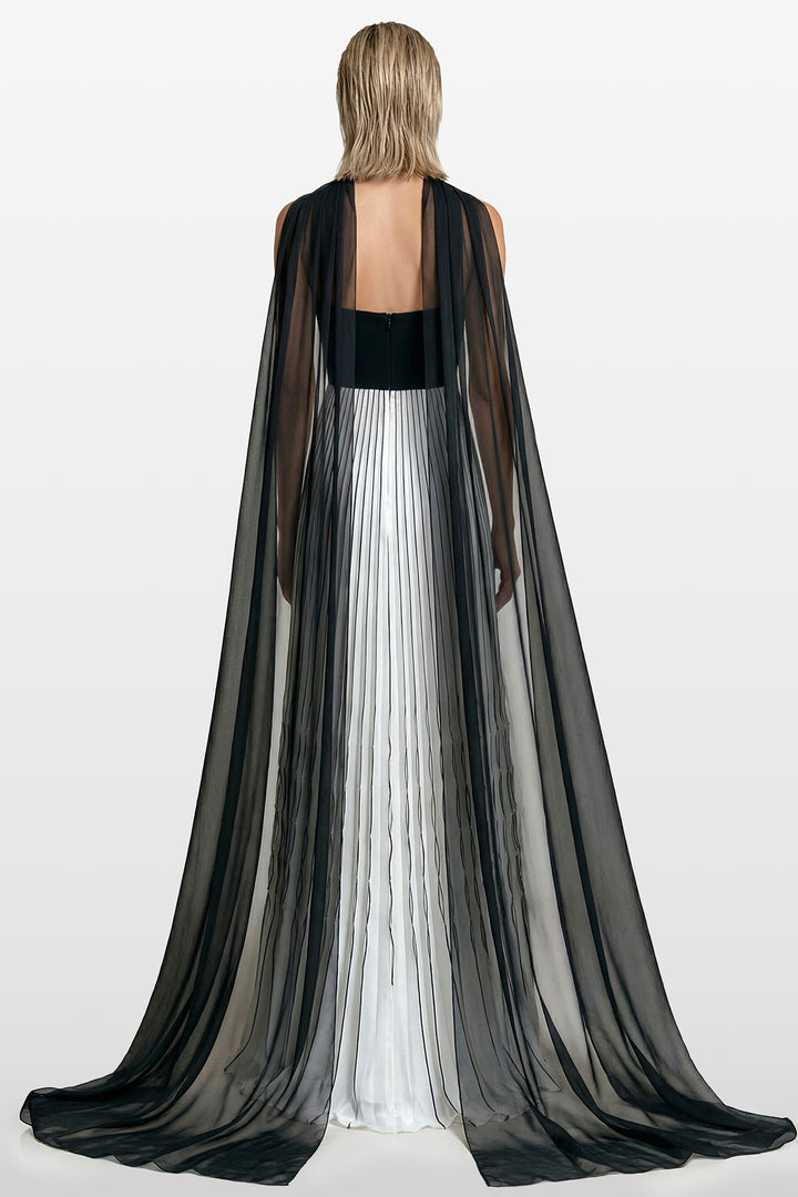 Pleated Gown with Tulle Cape