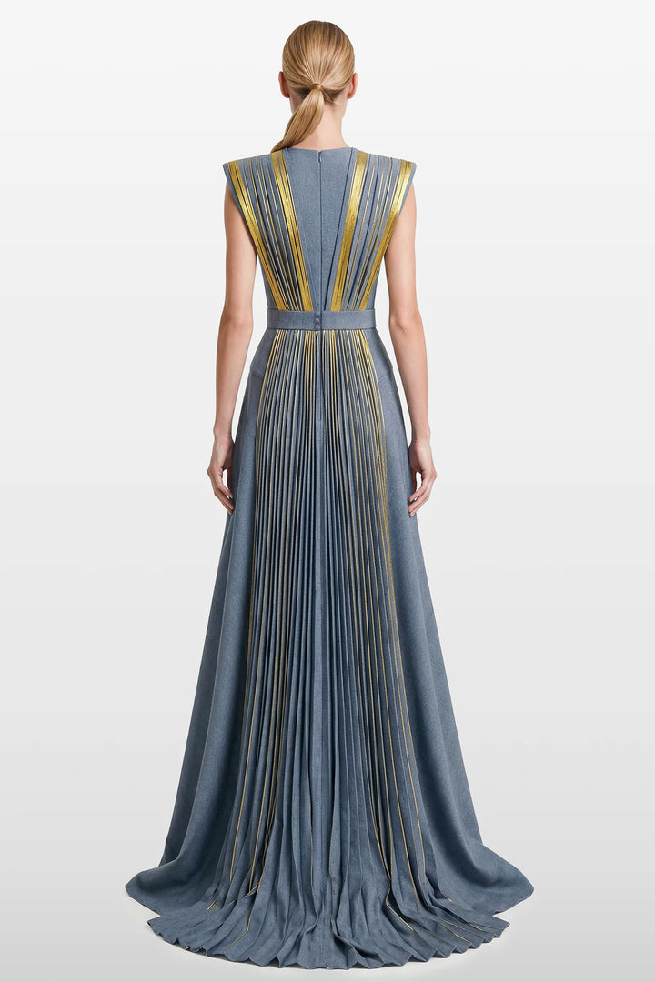 Metallic Pleated Shantung Gown