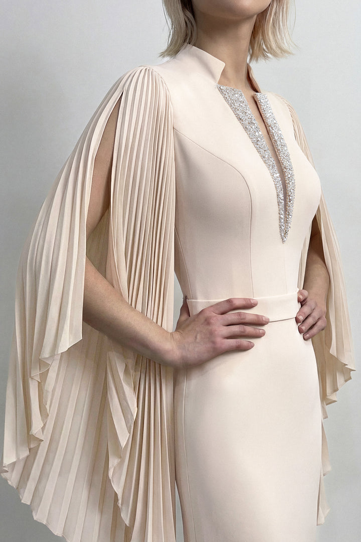 Pleated Sleeve Crepe Gown