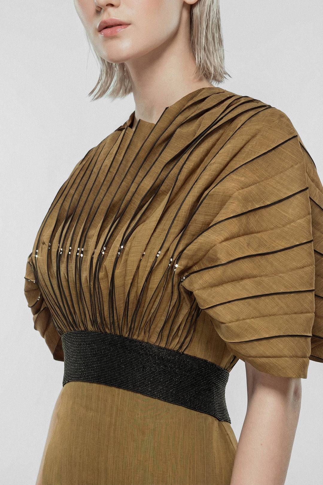 Pleated Shantung Gown with Sculpted Shoulders