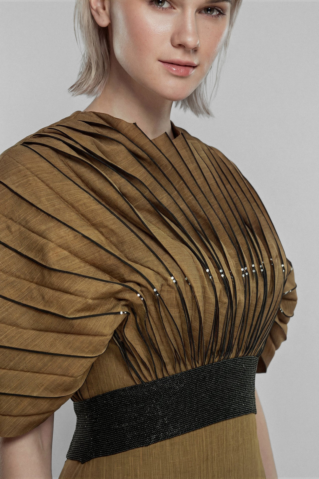 Pleated Shantung Gown with Sculpted Shoulders