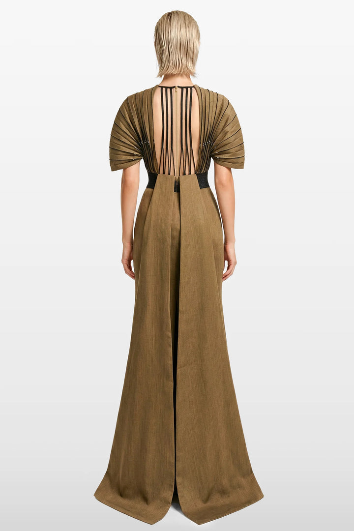 Pleated Shantung Gown with Sculpted Shoulders