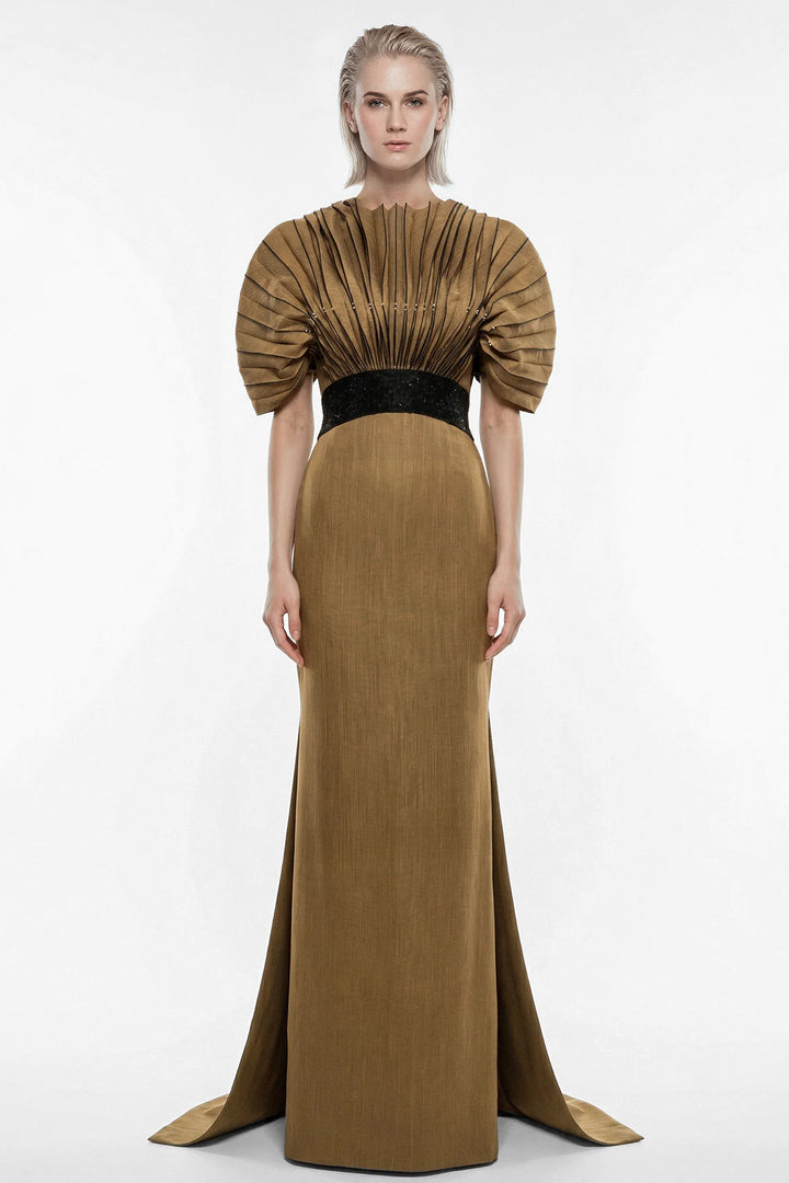 Pleated Shantung Gown with Sculpted Shoulders