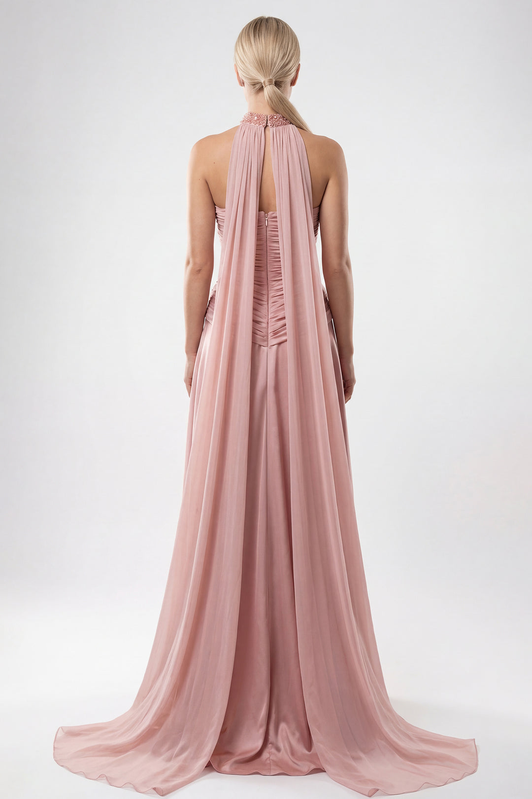 Draped Satin Gown with Embellished Choker