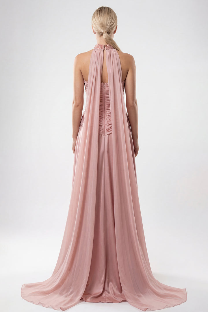 Draped Satin Gown with Embellished Choker