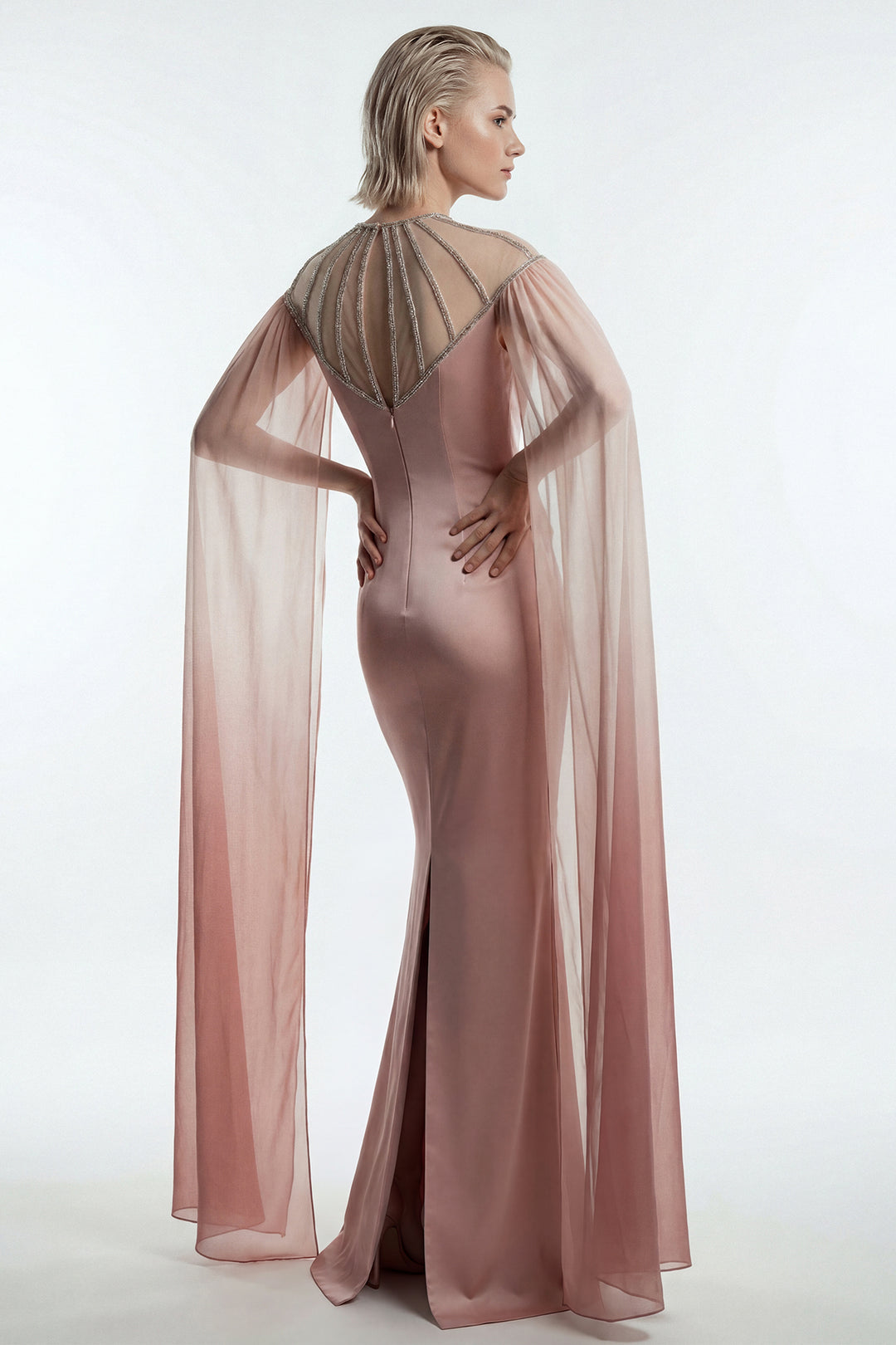Satin Gown with Beaded Illusion Neckline and Chiffon Cape Sleeves