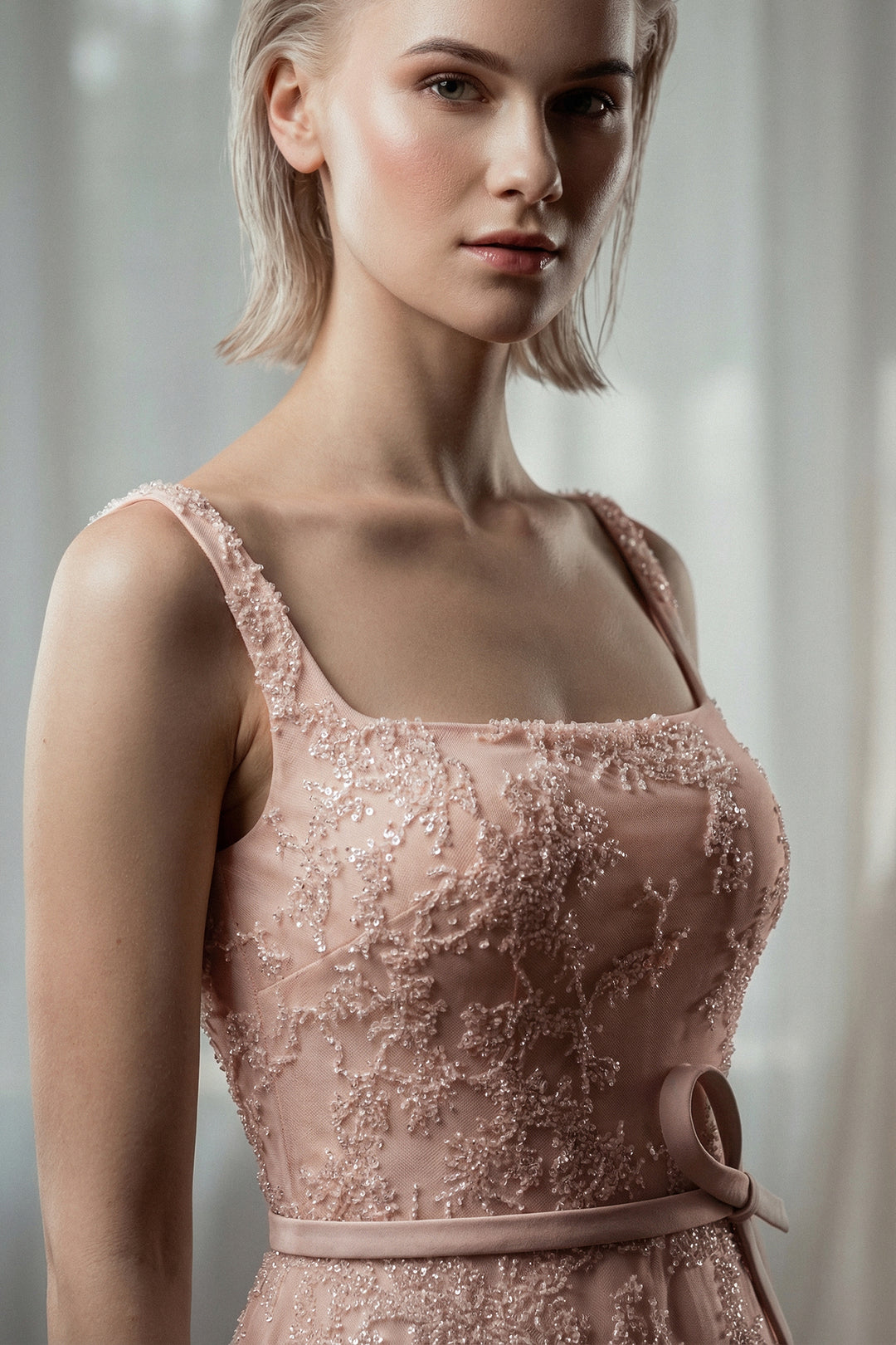 Embroidered Tulle A-Line Dress with Belt Detail