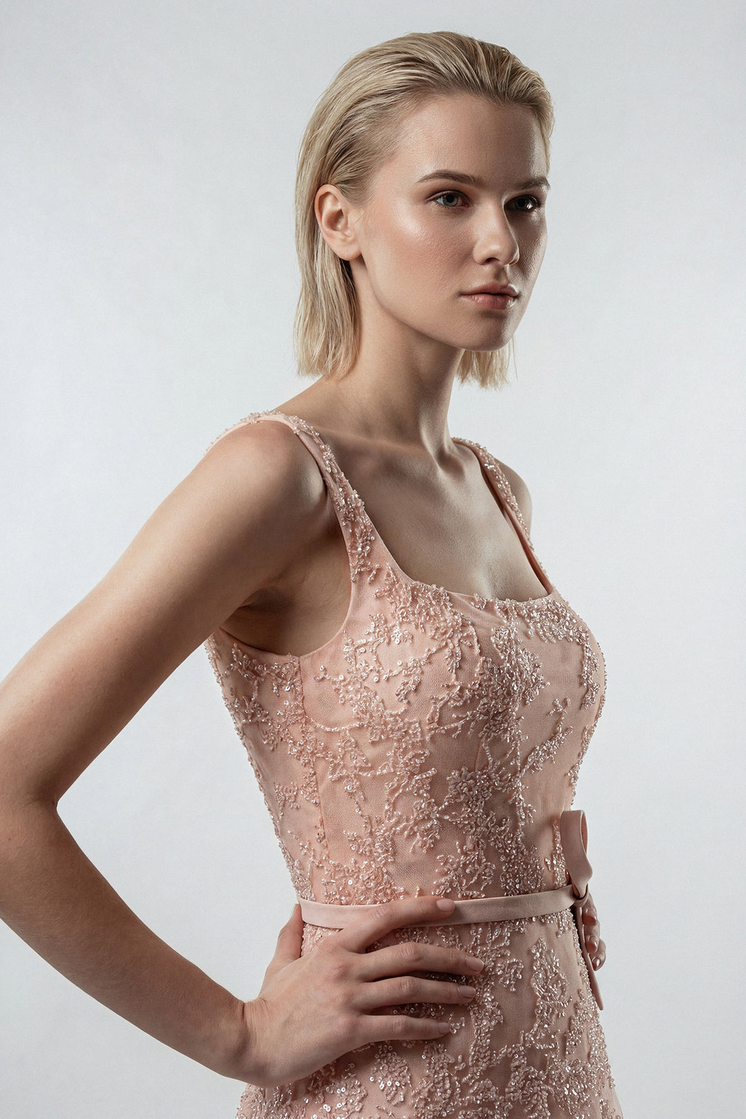Embroidered Tulle A-Line Dress with Belt Detail