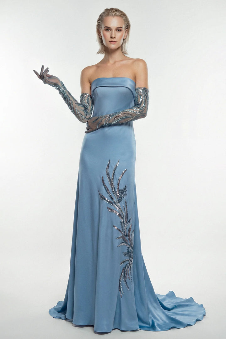 Strapless Satin Gown with Embroidered Gloves