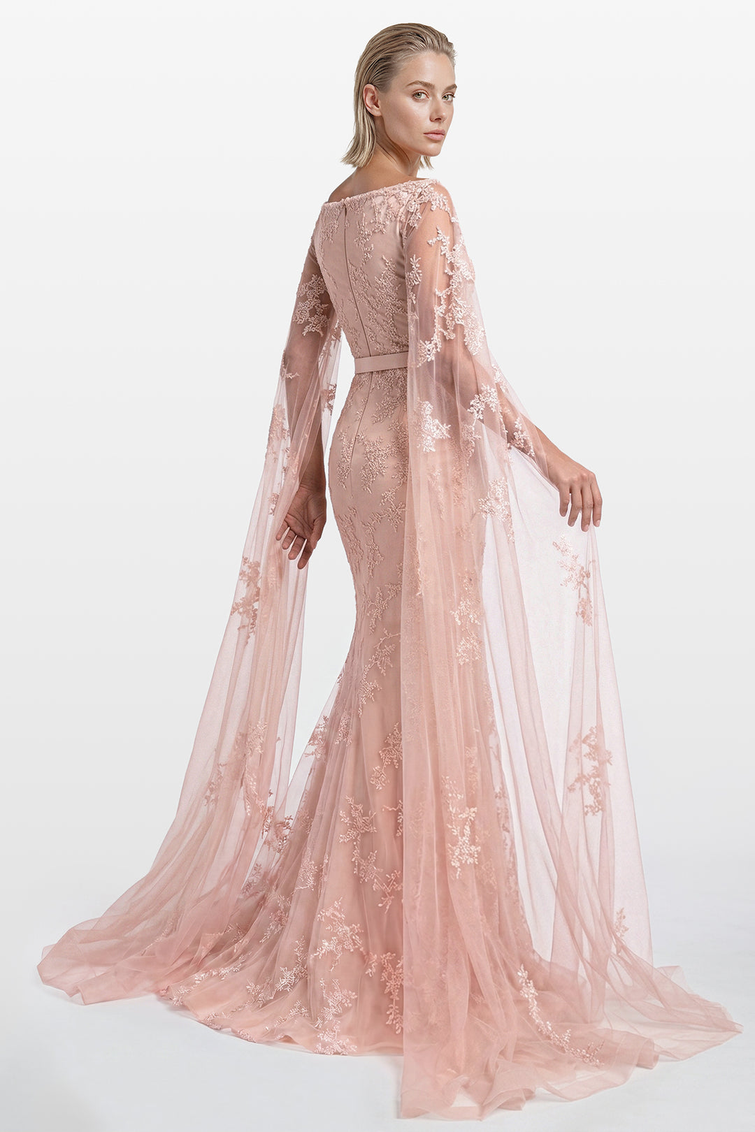 Embroidered Tulle Gown with Cape Sleeves