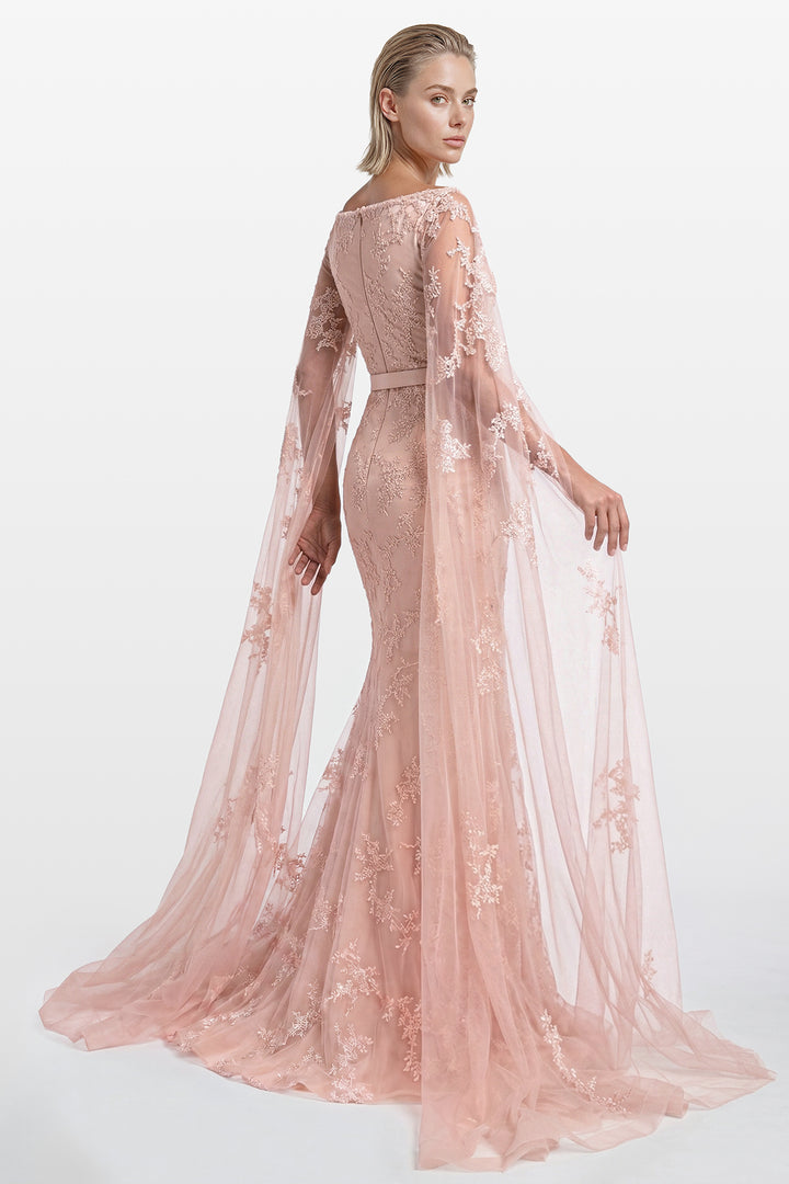 Embroidered Tulle Gown with Cape Sleeves