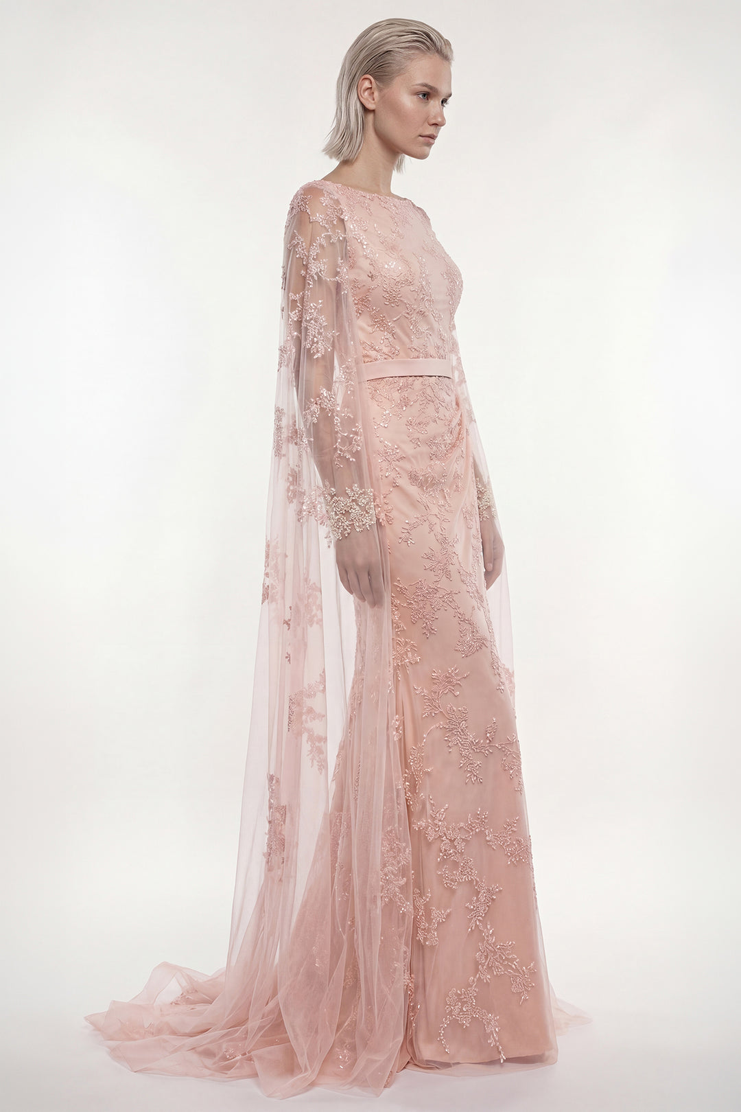 Embroidered Tulle Gown with Cape Sleeves