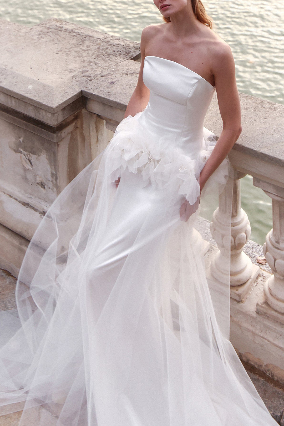 Wedding Dress with Overskirt and Floral Details