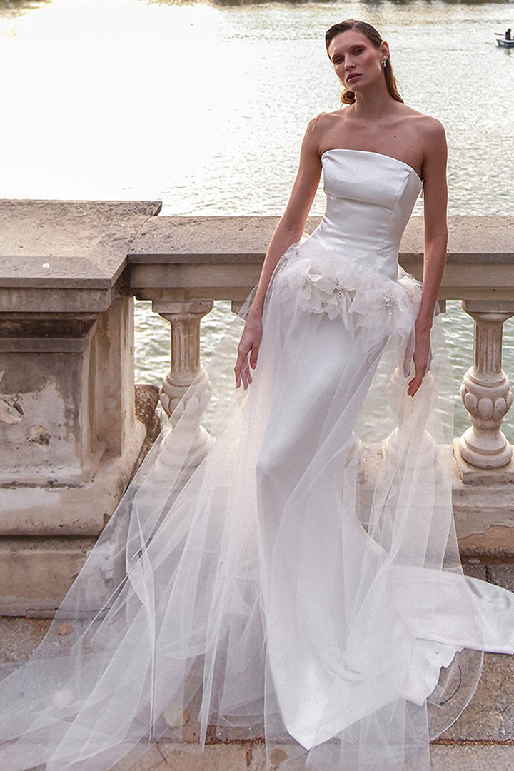 Wedding Dress with Overskirt and Floral Details