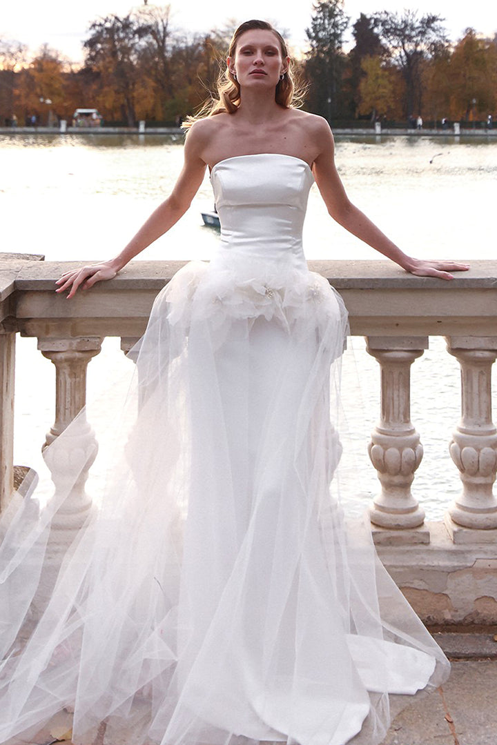 Wedding Dress with Overskirt and Floral Details