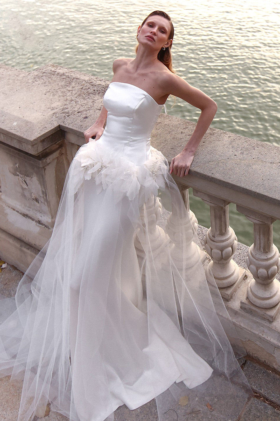 Wedding Dress with Overskirt and Floral Details