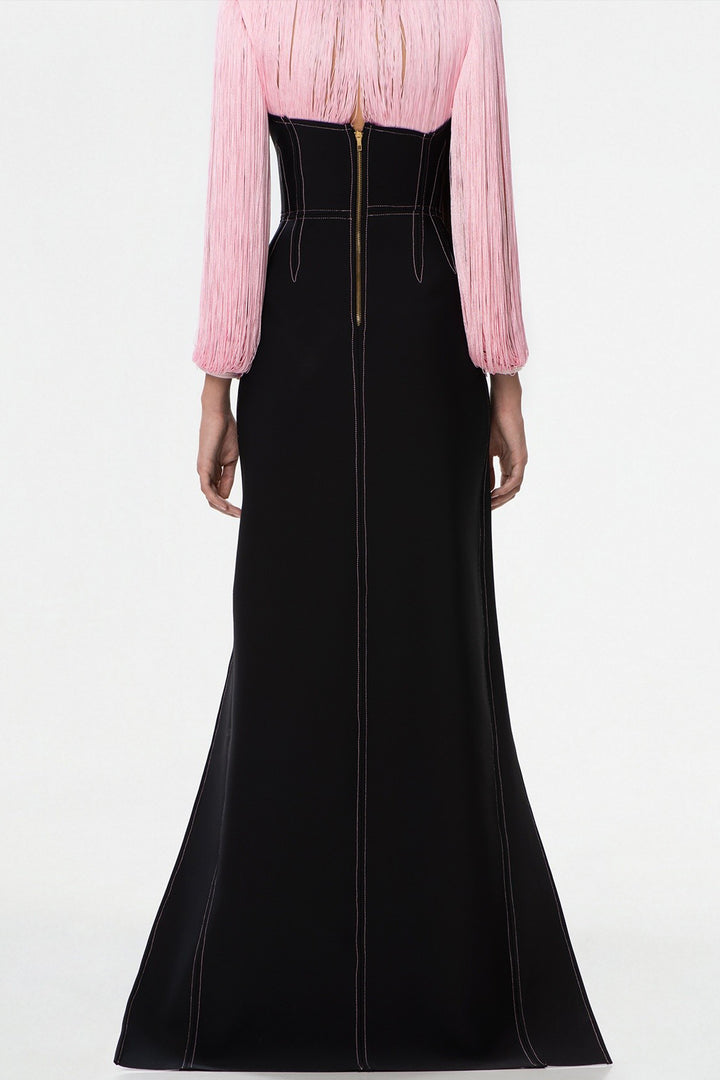 Long Dress with Fringed Bust and Embroidery