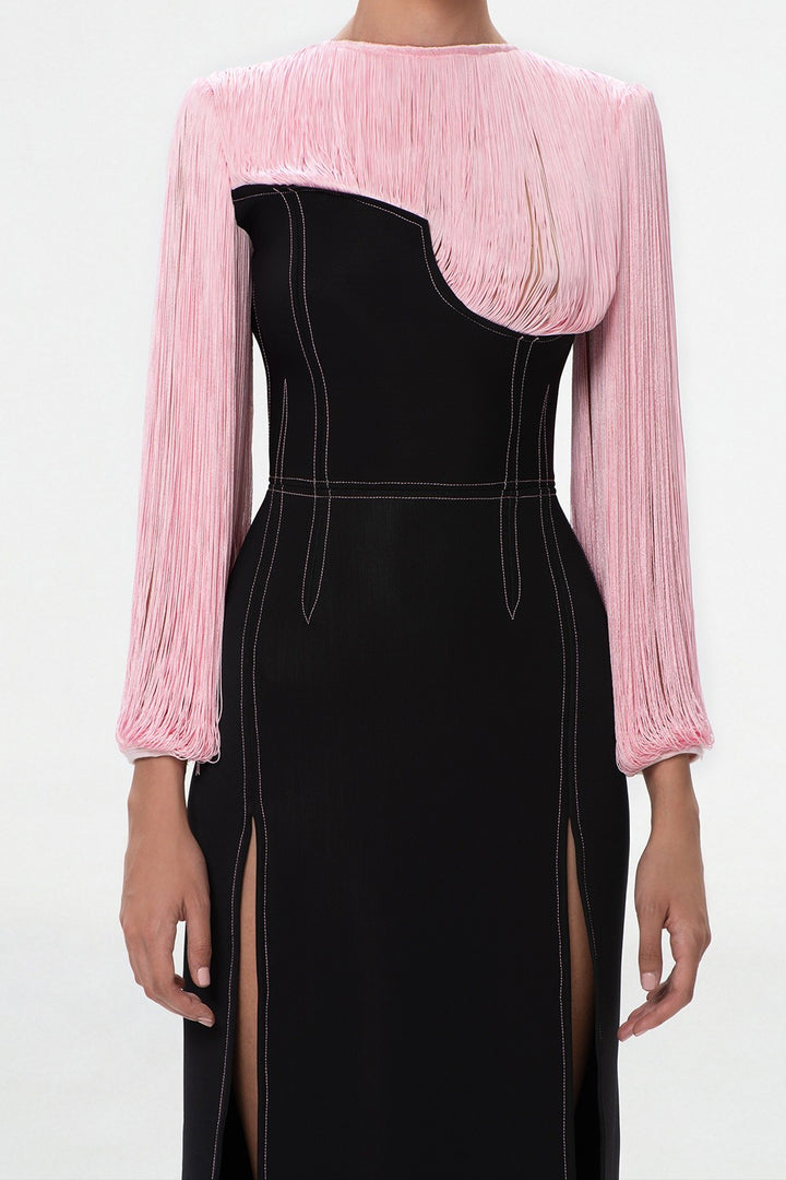 Long Dress with Fringed Bust and Embroidery
