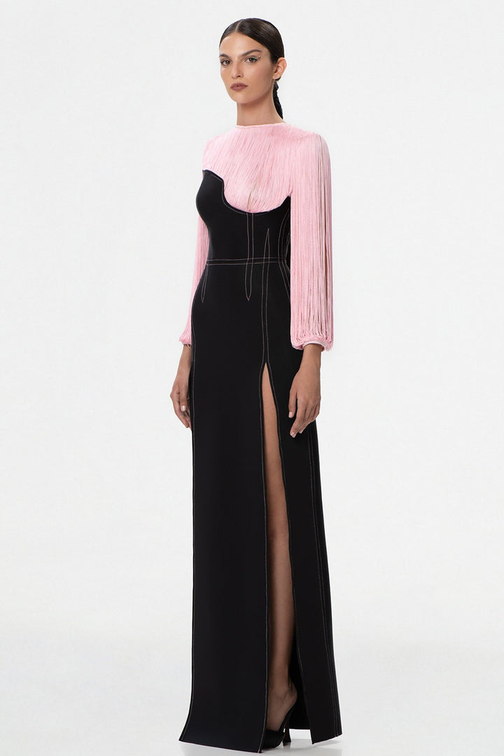 Long Dress with Fringed Bust and Embroidery