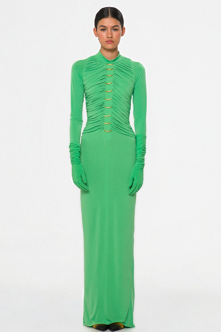 Draped Long Dress with High Neck