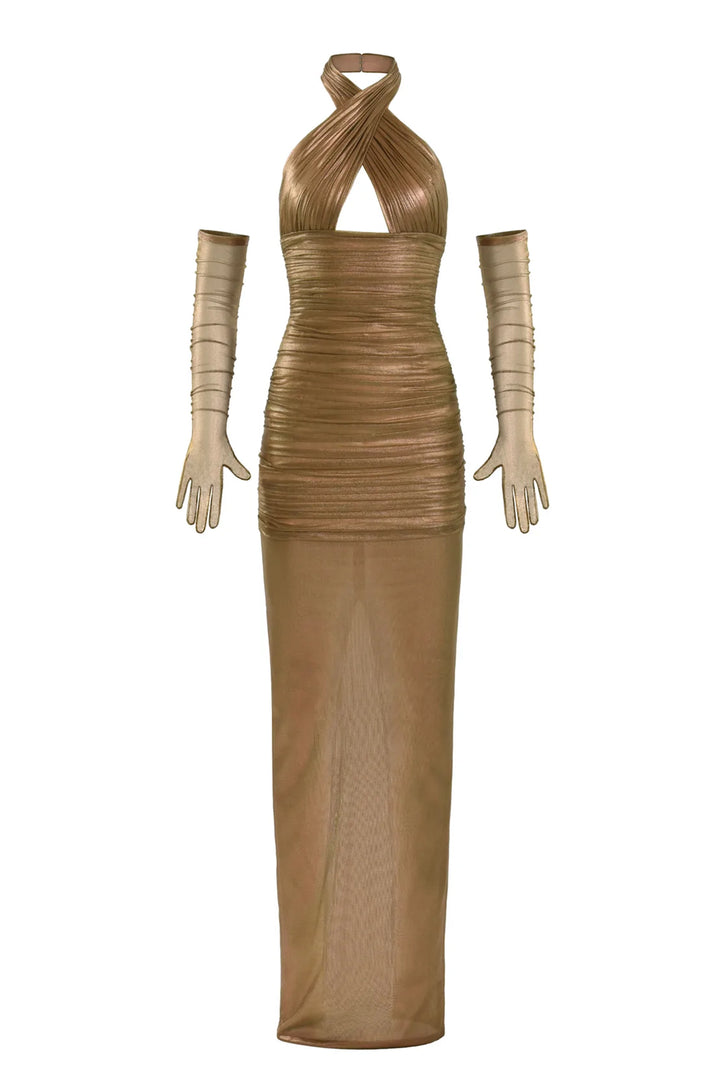 Halter Neck Silk with Foiled Tulle Dress