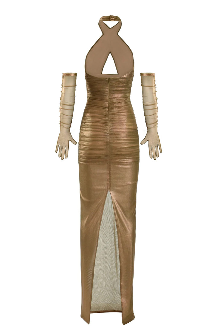 Halter Neck Silk with Foiled Tulle Dress