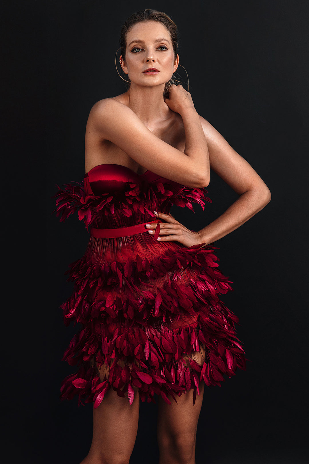 Strapless Mini Dress with Feathers