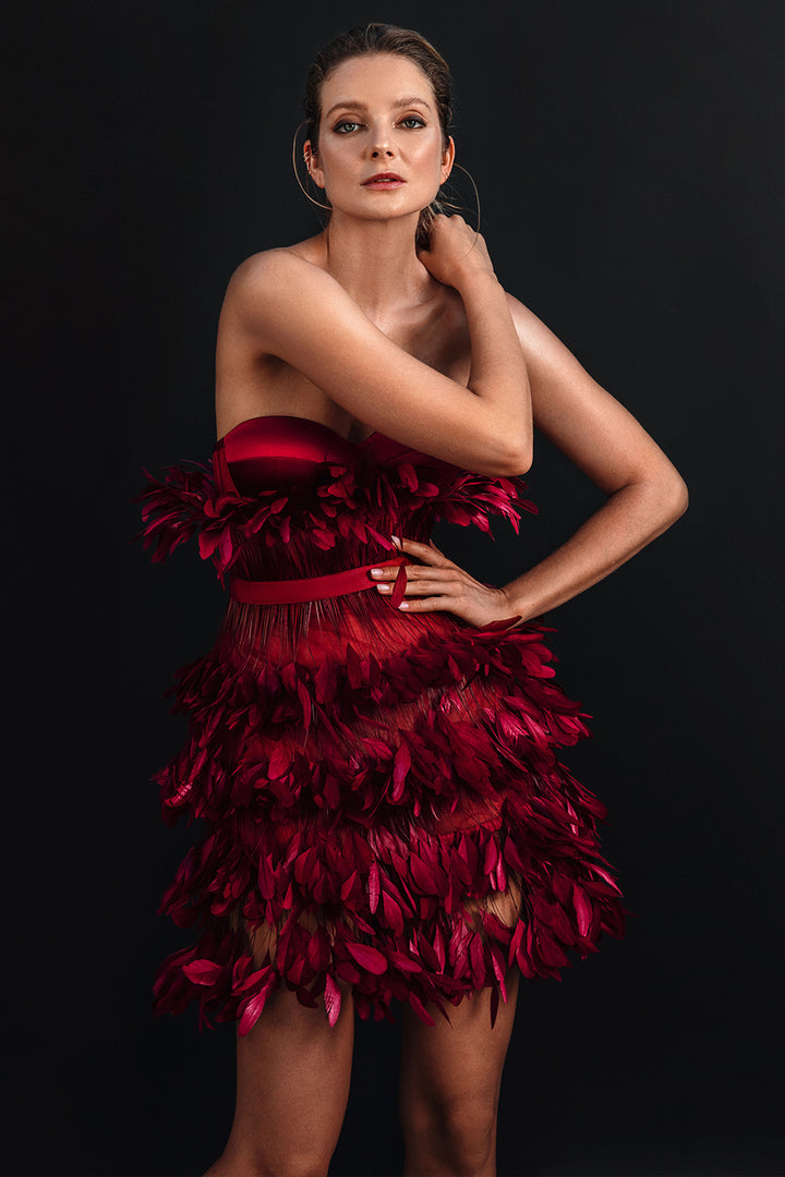 Strapless Mini Dress with Feathers