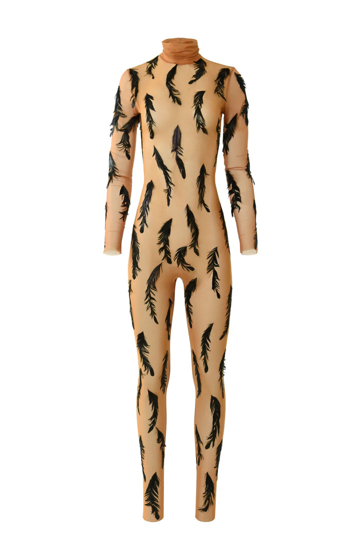 Fitted Bodysuit with Feather Appliques