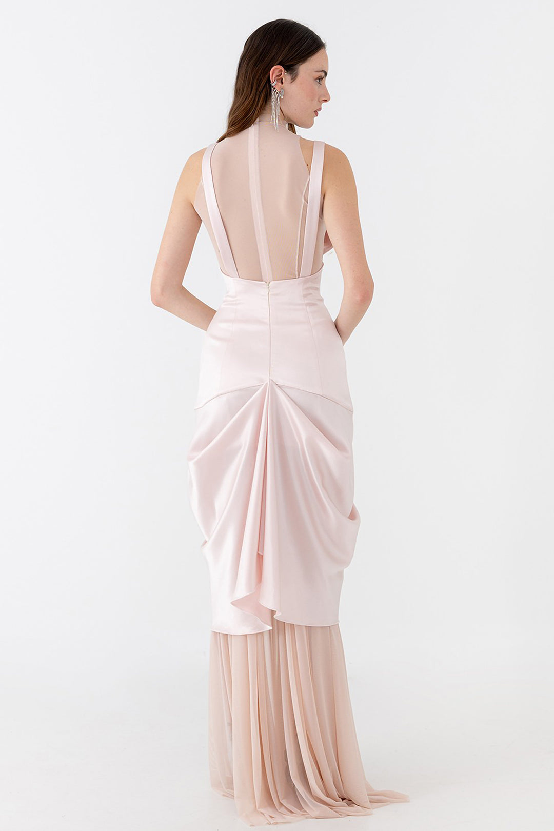 Layered Satin Dress with Draped Organza Hem