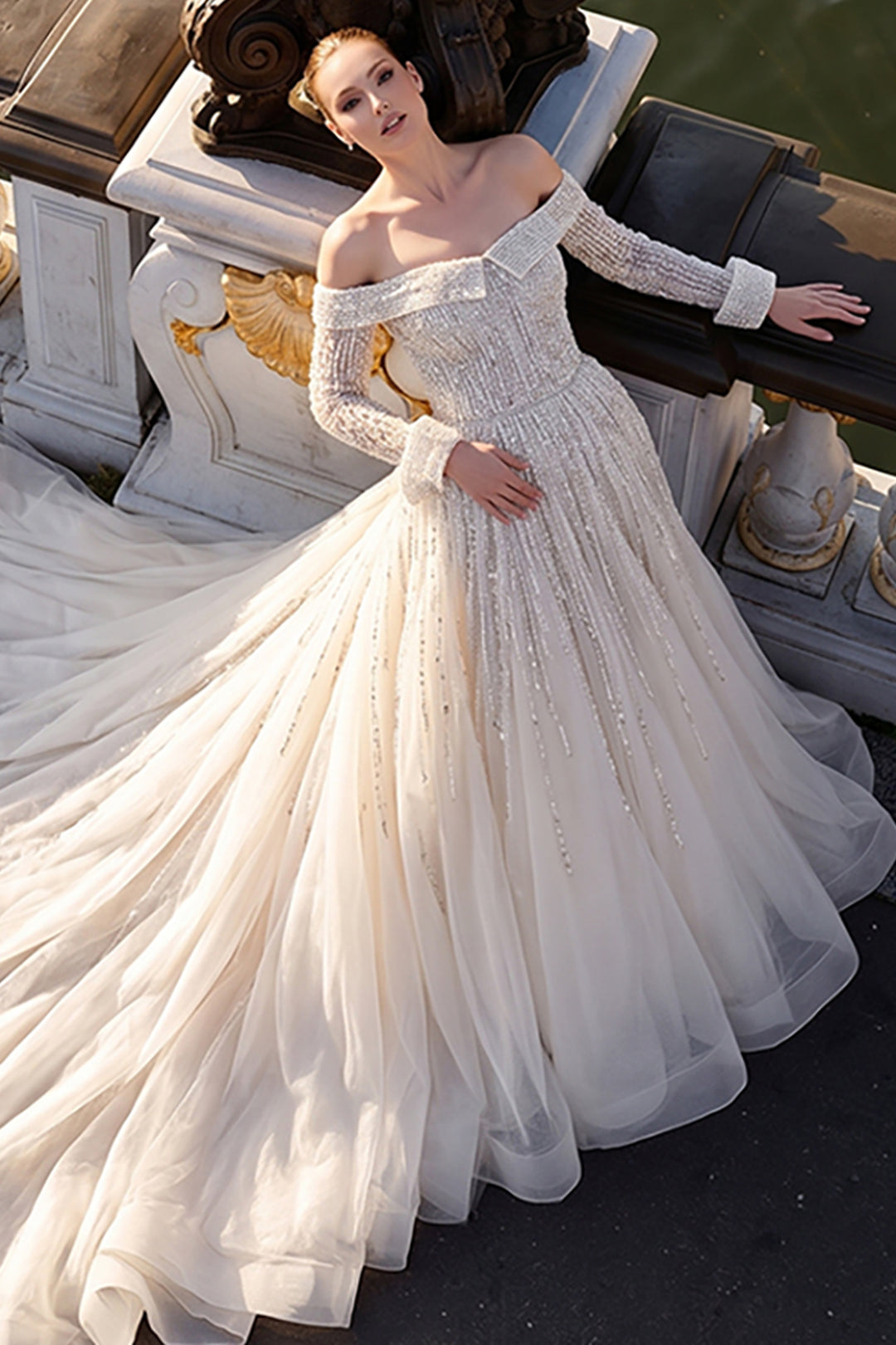 Off-The-Shoulder with Long Sleeve A-Line Dress